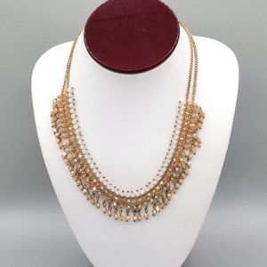 Womens Double Strand Gold Tone Curb Chain Short Beaded Fringe Necklace 19 in